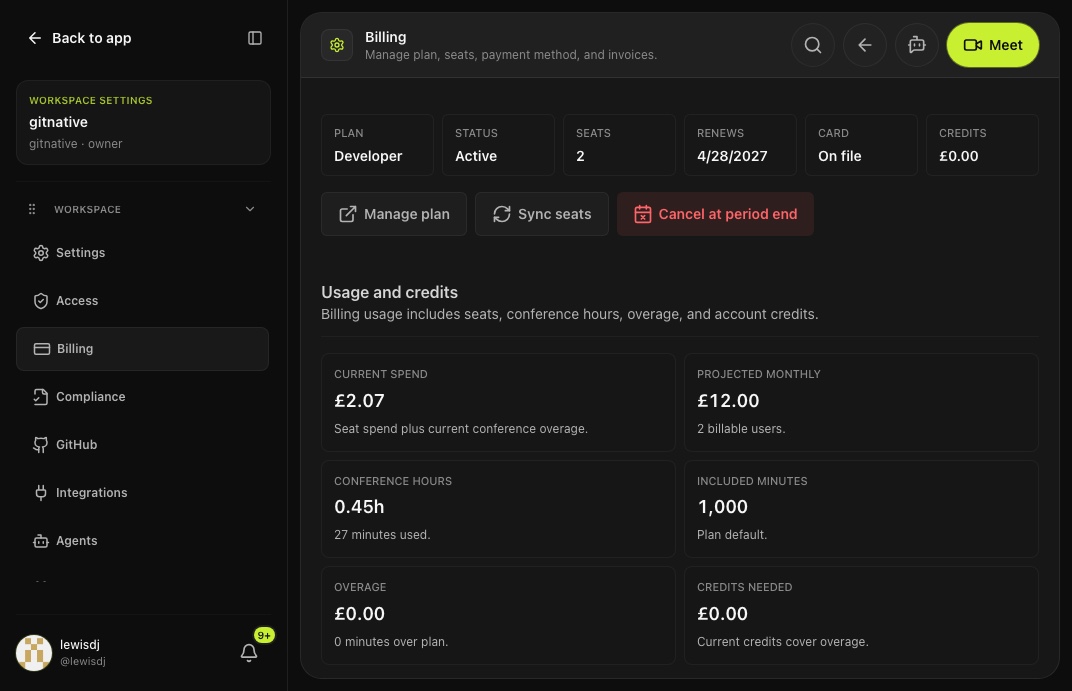 gitnative billing settings showing usage credits, conference hour usage, top-up controls, and workspace limits.
