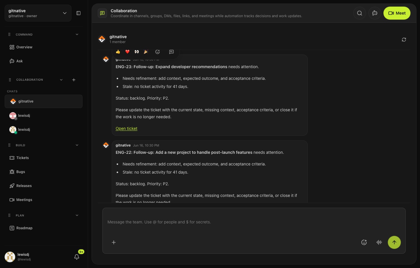 gitnative collaboration conversation with message reactions, reply controls, editing controls, attachments, and shared secret references.